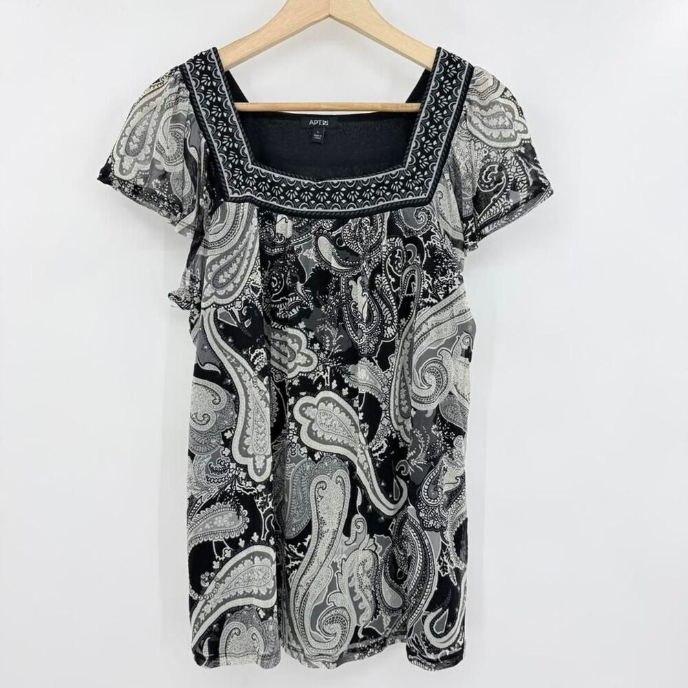 Apt 9 Womens Black White Paisley Mesh Flutter Sleeve Square Neck Blouse Large